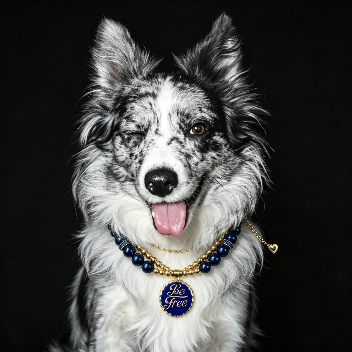 Double-layer blue pet necklace with pearl-effect beads, gold-tone details and Be Free charm