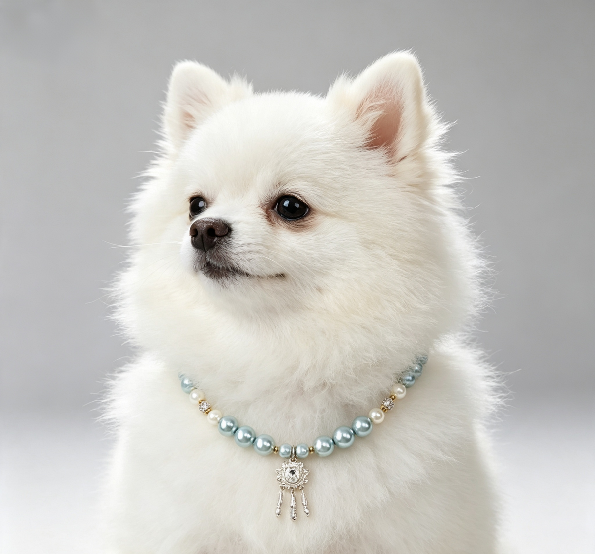 Seafoam and white pearl-effect pet necklace with crystal spacers and shooting-star charm