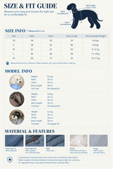Egge size chart, measurement guide and product details for dog scarf neck down jacket.
