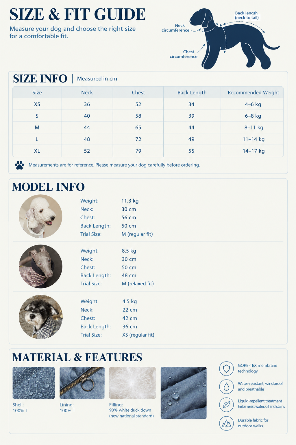 Egge size chart, measurement guide and product details for dog puffer down bodysuit.