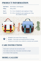 Egge size chart, measurement guide and product details for dog colorblock backpack.