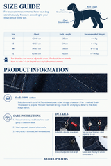 Egge size chart, measurement guide and product details for dog washed denim overalls.