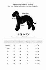 Egge size chart, measurement guide and product details for dog lightweight padded bodysuit.