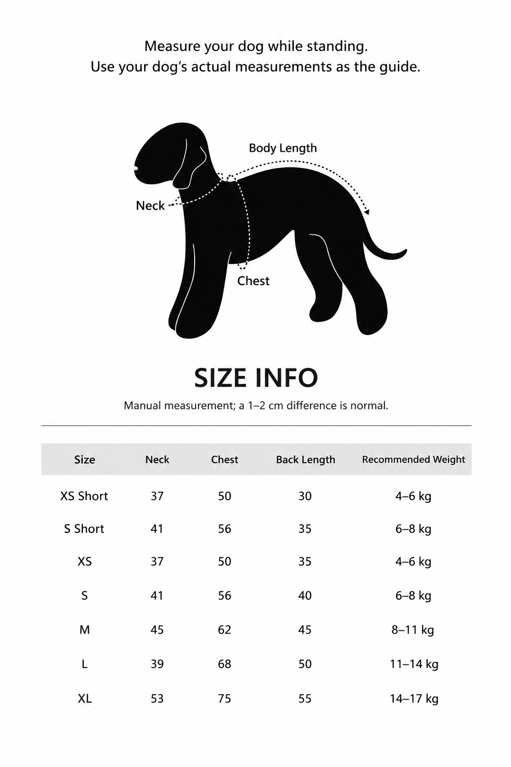Egge size chart, measurement guide and product details for dog lightweight padded bodysuit.