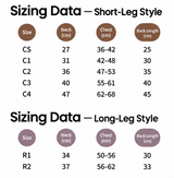 English short-leg and long-leg size guide for the All-Season Shield reversible dog vest