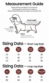 English measurement guide and size chart for the All-Terrain waterproof utility dog rain suit