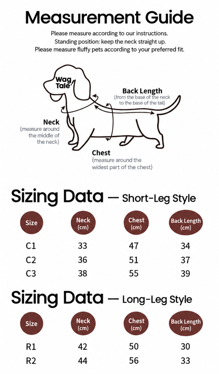 English measurement guide and size chart for the All-Terrain waterproof utility dog rain suit