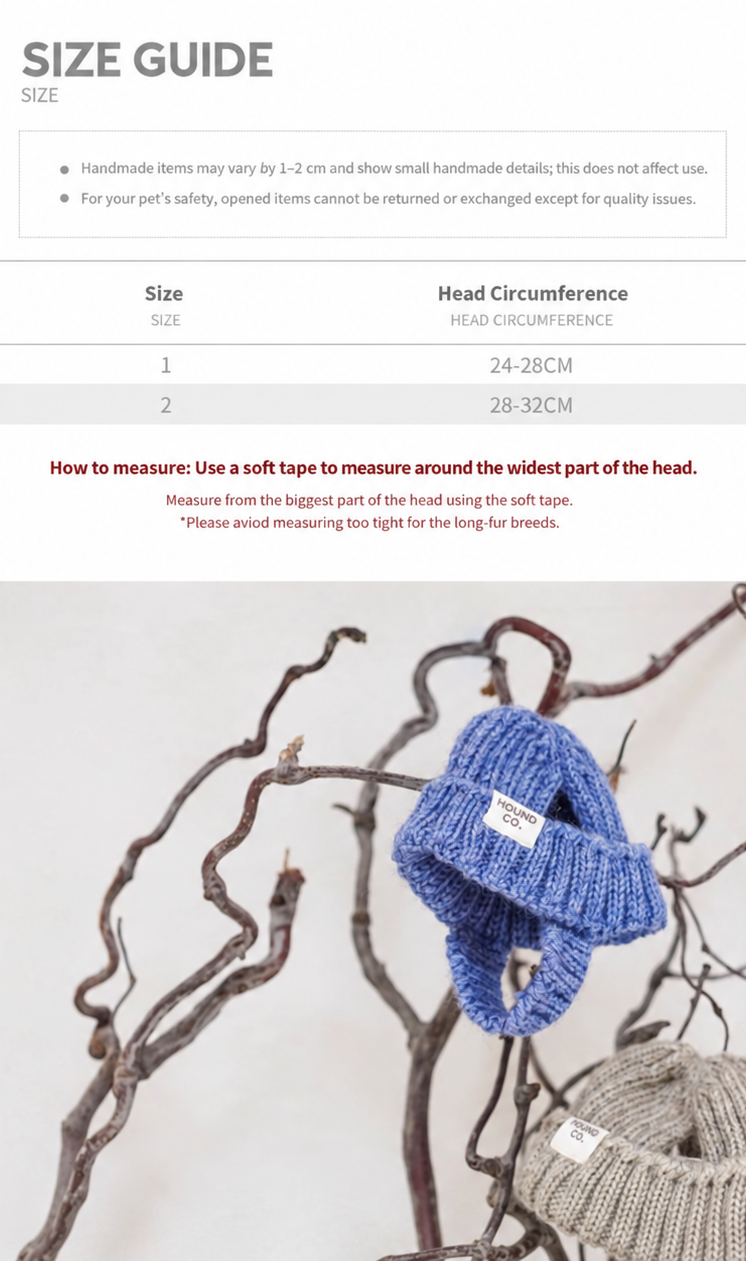 Andean Wool pet hat size guide: sizes 1 and 2 fit head circumferences of 24–28 cm and 28–32 cm