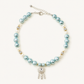 Aqua pearl-effect pet necklace with white accent beads and a silver-tone dreamcatcher pendant.