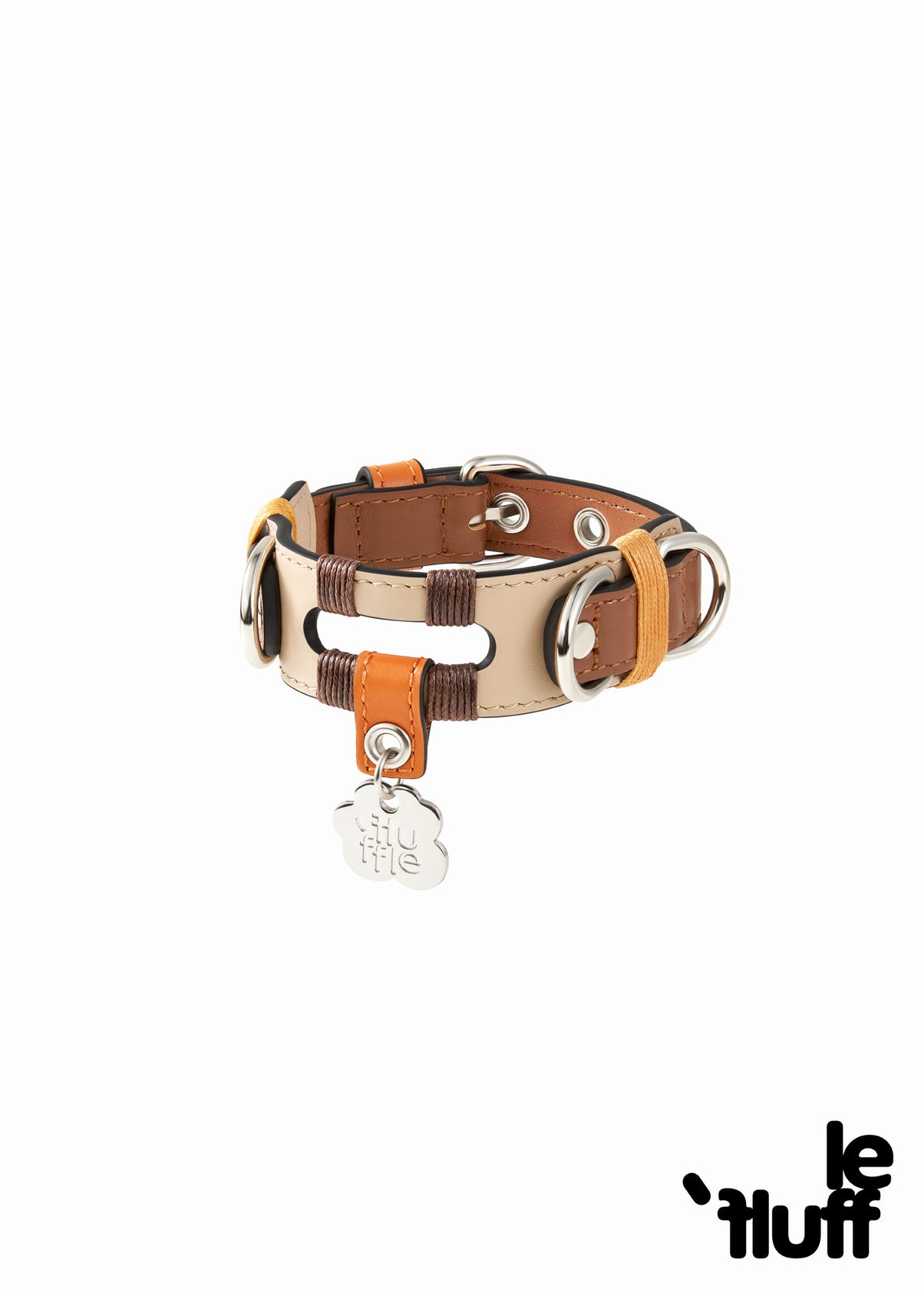 Brown and cream cutout leather collar with buckle and hanging tag