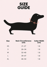 Baroque Italian leather dog collar size guide with neck circumference and collar width measurements