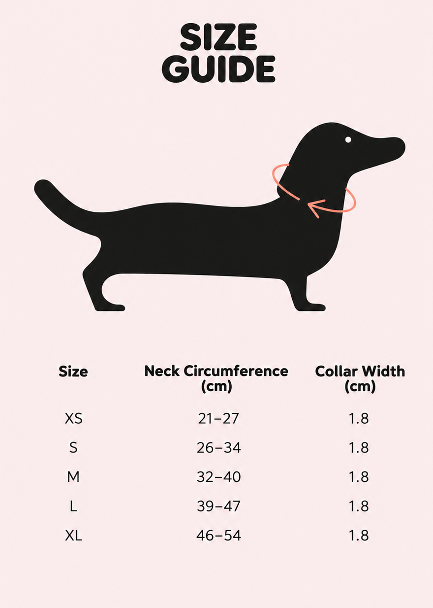 Baroque Italian leather dog collar size guide with neck circumference and collar width measurements