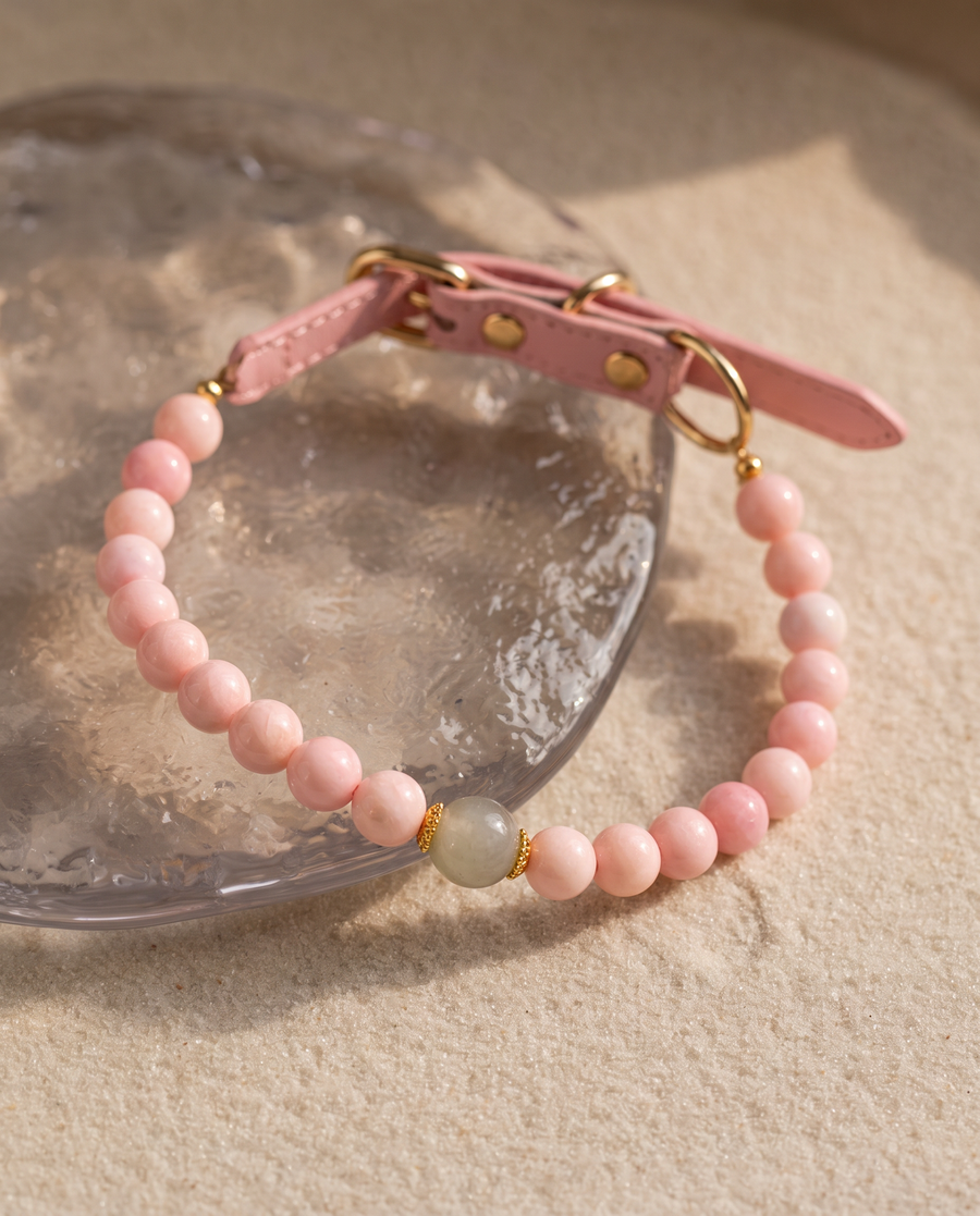 Blush Aura pink conch-shell dog collar with natural Green Ghost Crystal centerpiece