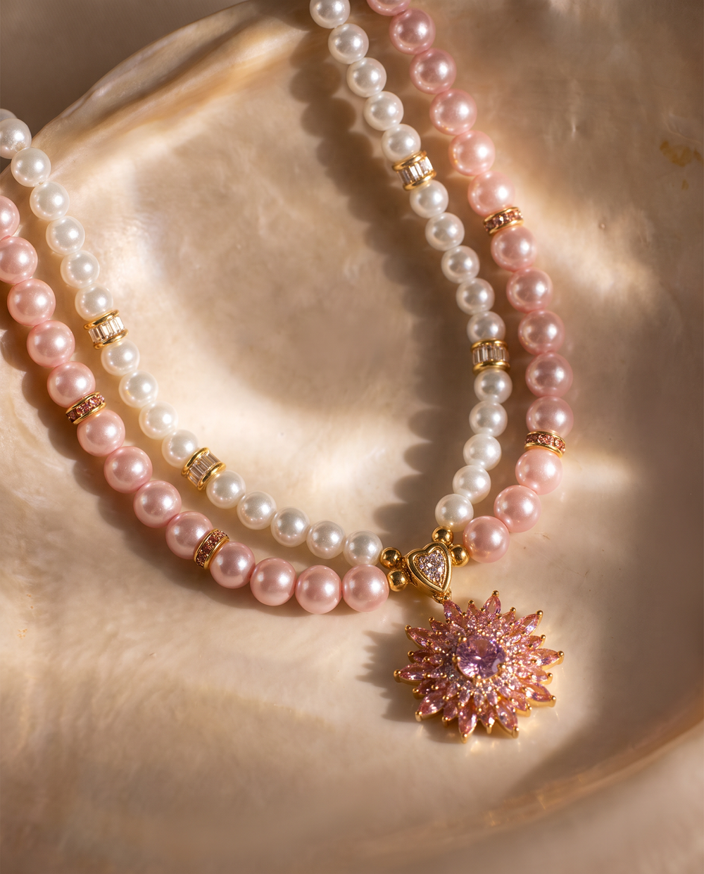 Blush Blossom pink and ivory pearl-effect dog necklace with crystal floral pendant