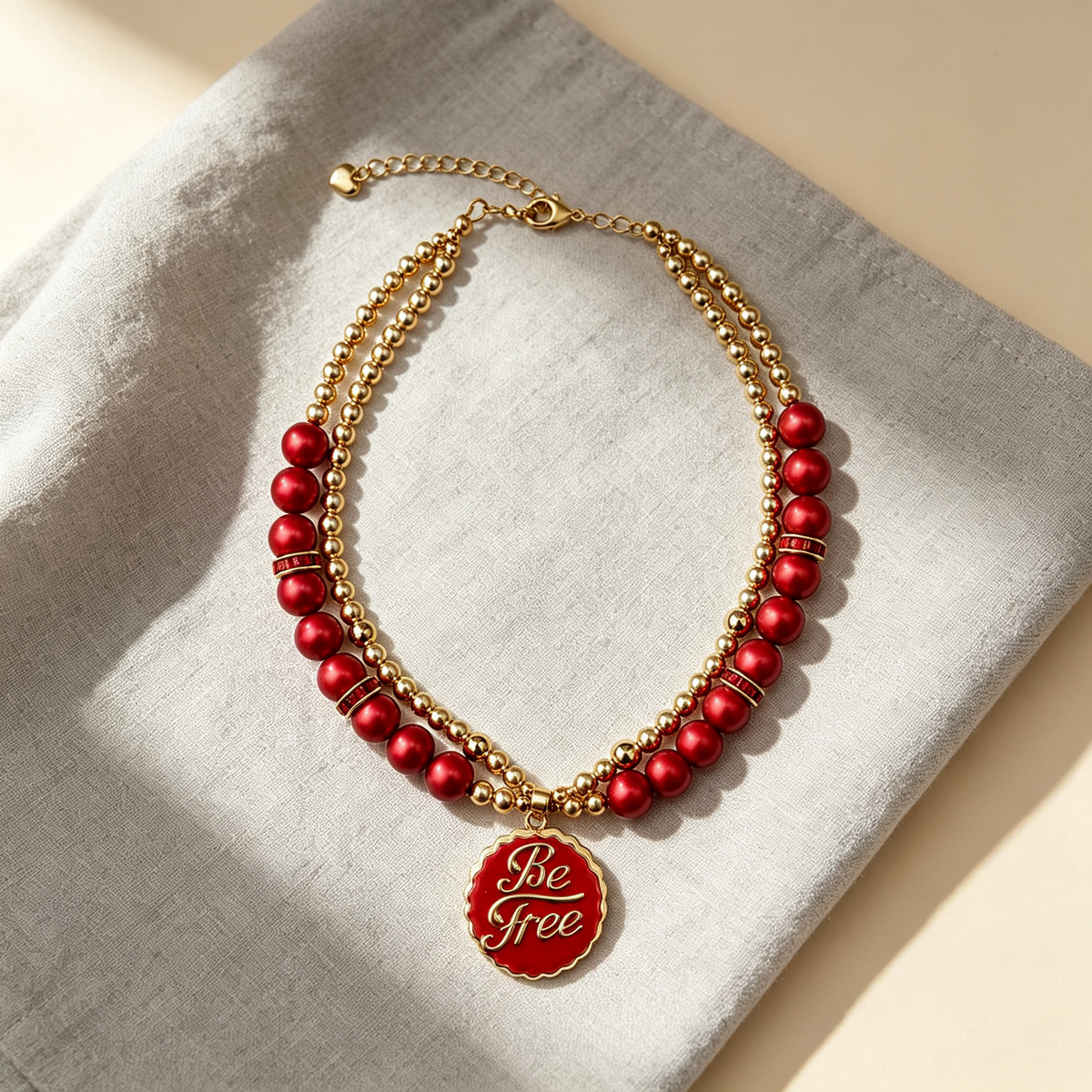 Bold red dog necklace with double-layer beads, adjustable chain and symbolic gold-tone pendant