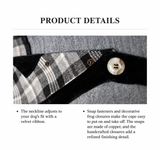 British Heritage warm dog cape details showing adjustable velvet neckline, snap fasteners and decorative closures