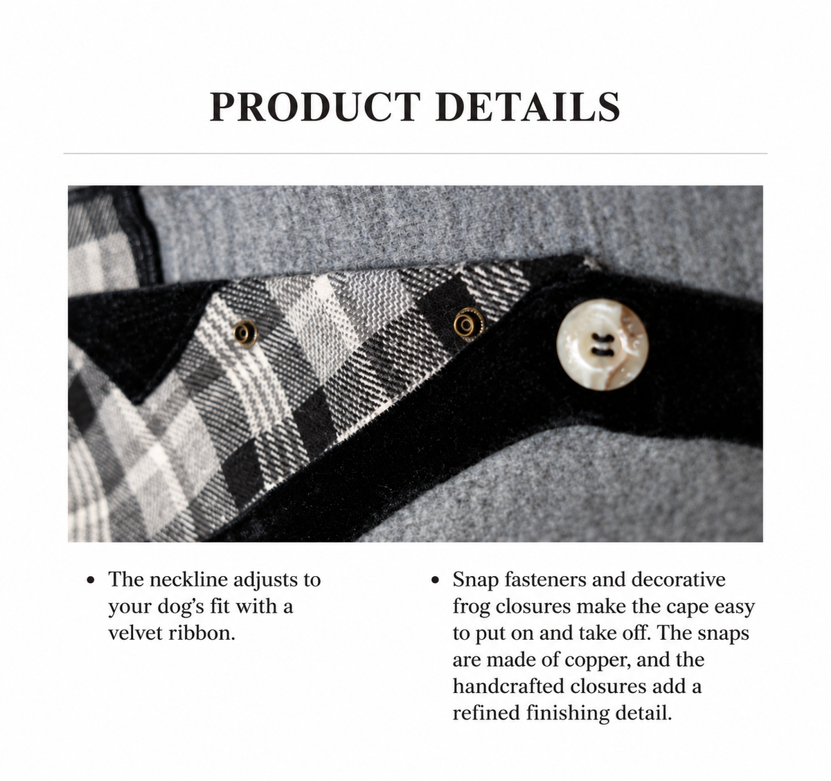 British Heritage warm dog cape details showing adjustable velvet neckline, snap fasteners and decorative closures