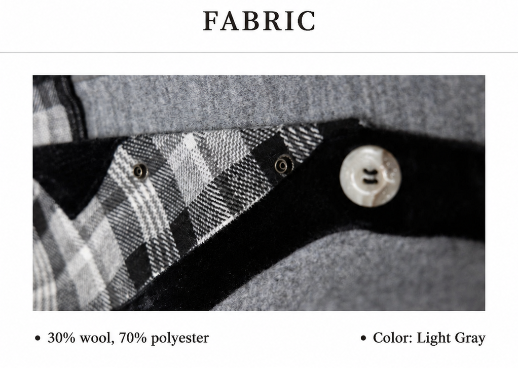 British Heritage dog cape fabric composition: 30% wool, 70% polyester, light gray