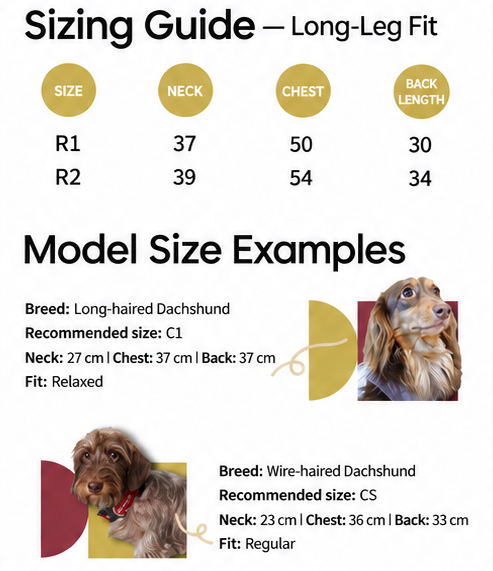 City Jungle 2.0 fleece dog suit long-leg sizing guide with model measurements