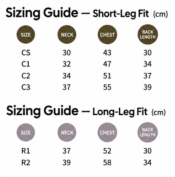 City Jungle 2.0 waterproof dog rain suit short-leg and long-leg sizing chart in centimeters