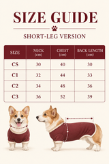 City Jungle warm fleece dog suit short-leg size chart with neck, chest and back length in centimeters