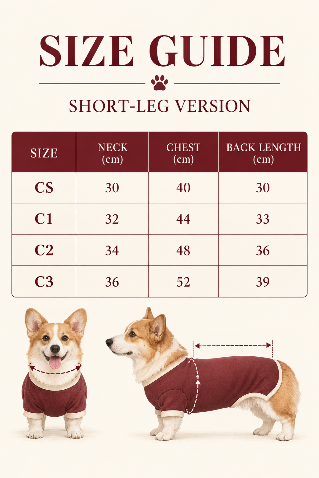 City Jungle warm fleece dog suit short-leg size chart with neck, chest and back length in centimeters
