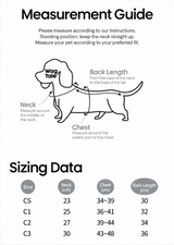 English measurement guide and size chart for the Cloud anti-static thermal dog suit