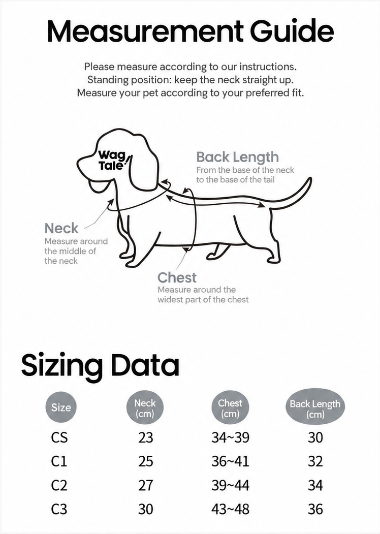 English measurement guide and size chart for the Cloud anti-static thermal dog suit
