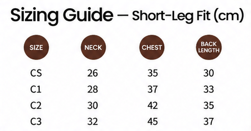 Cloud cooling stretch dog suit short-leg size guide with neck, chest and back length