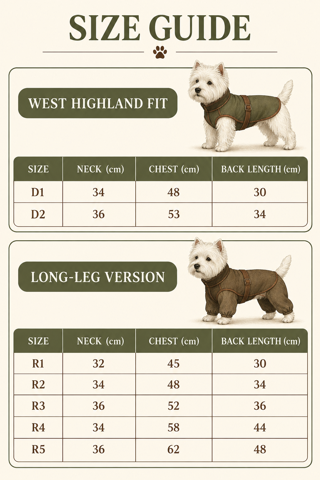 Cloud cooling dog suit size guide for West Highland fit and long-leg version