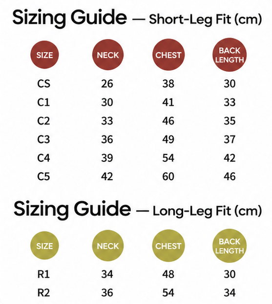 Cloud Ginger-Warm thermal dog vest short-leg and long-leg size chart