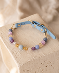 Companion Glow multicolor gemstone dog collar with powder-blue strap and gold-tone hardware