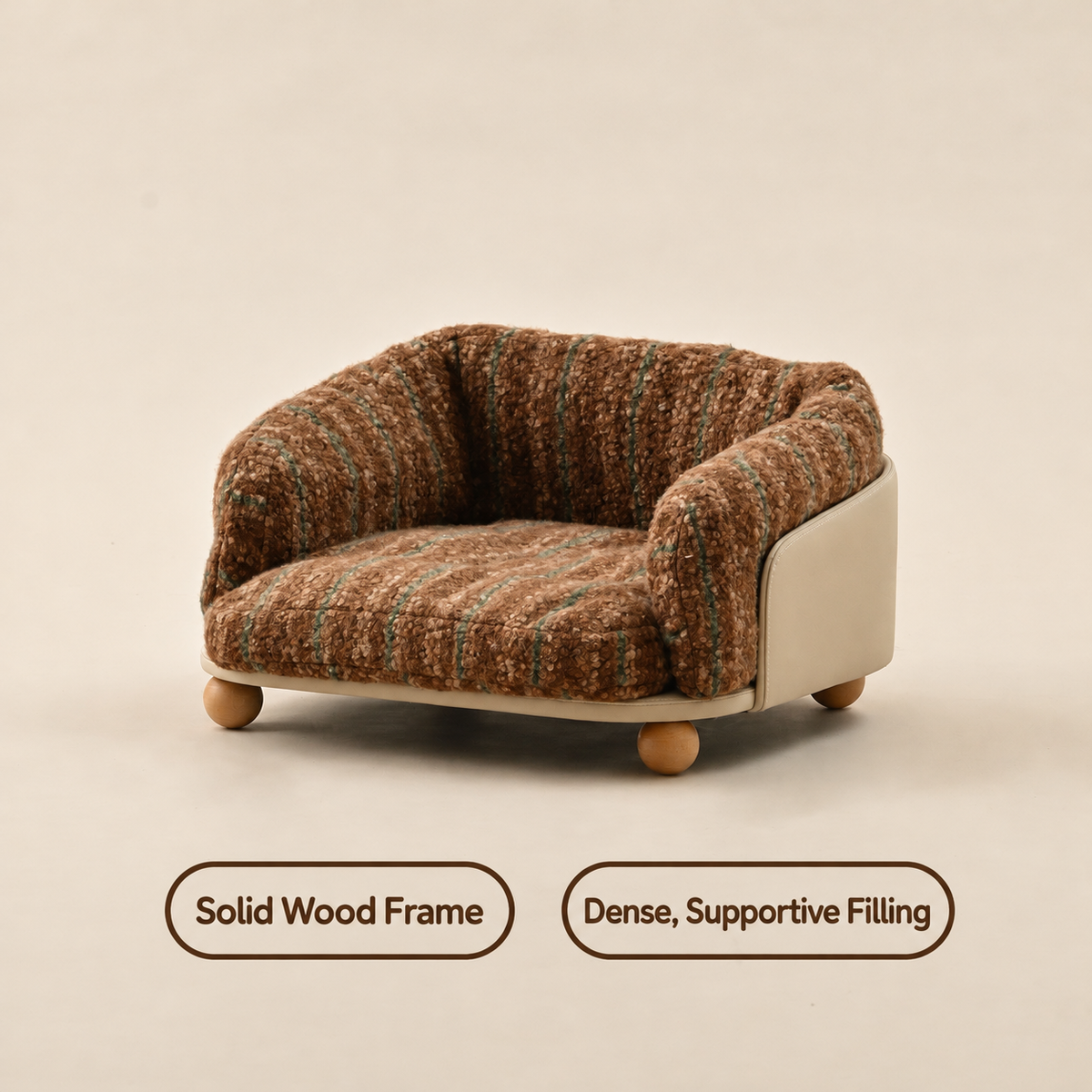 Brown-green striped pet sofa bed with English labels: Solid Wood Frame and Dense, Supportive Filling