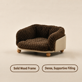 Brown star-print pet sofa bed with English labels: Solid Wood Frame and Dense, Supportive Filling