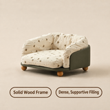 Gray-green cat-paw leather pet sofa bed with English labels: Solid Wood Frame and Dense, Supportive Filling