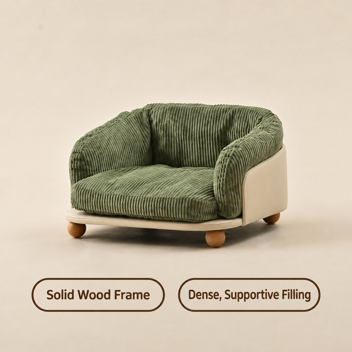Moss-green corduroy pet sofa bed with English labels: Solid Wood Frame and Dense, Supportive Filling