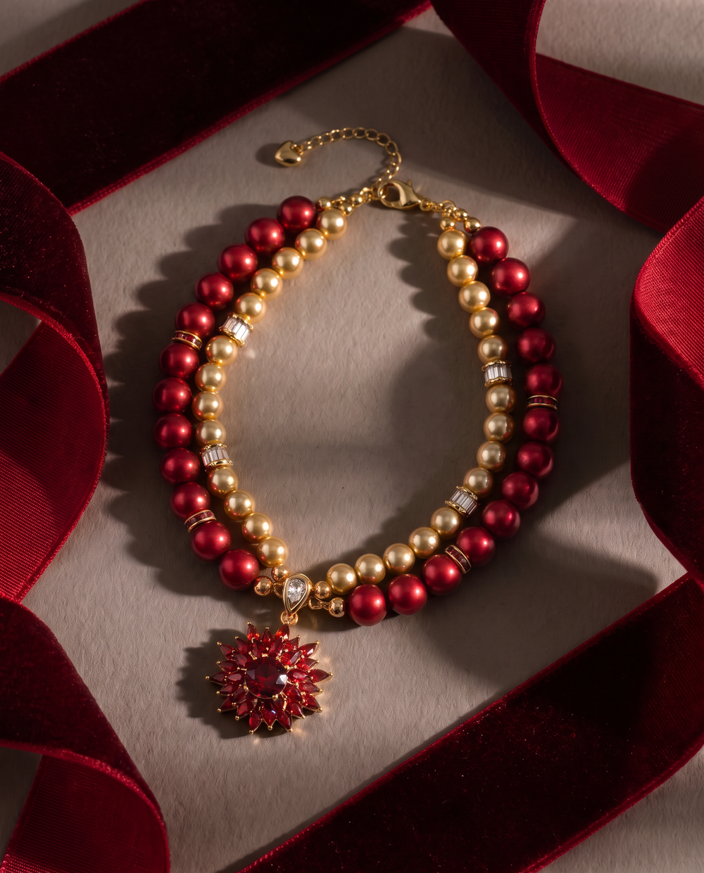 Crimson Meadow burgundy and champagne pearl-effect dog necklace with red crystal floral pendant