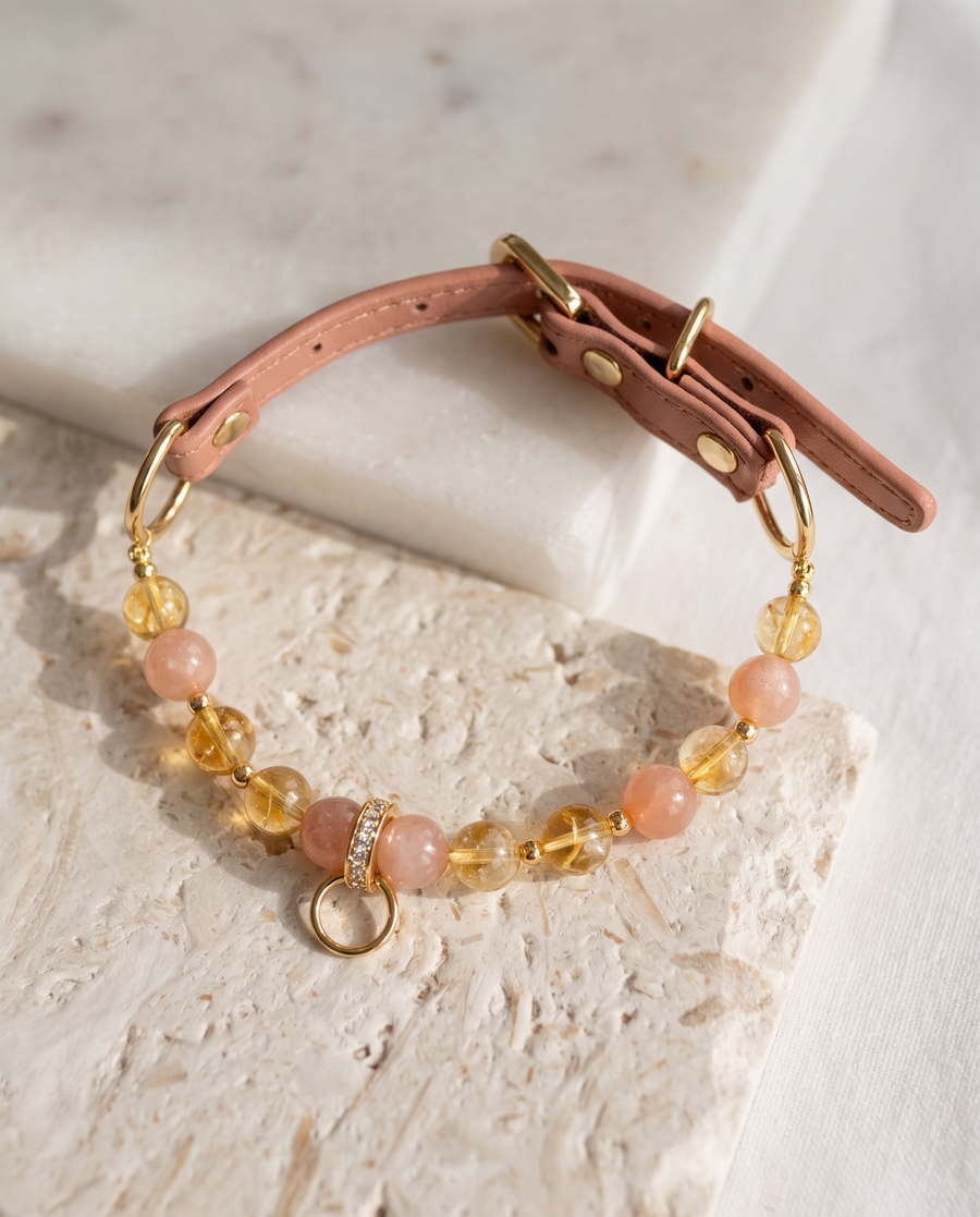Dawn Sunstone dog collar with natural citrine and sunstone beads, peach strap and gold-tone details