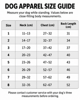 Dog apparel size guide with neck, chest, and back length measurements in centimeters