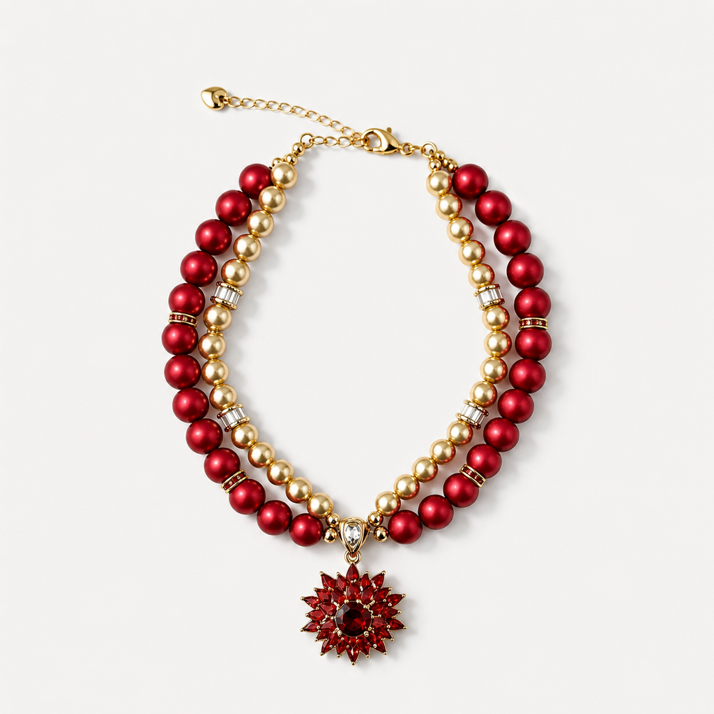 Double-strand red and champagne pearl-effect pet necklace with a red floral pendant on a white surface.