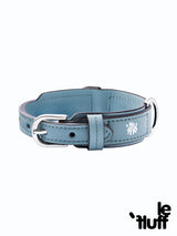 Dusty blue dog collar buckle and stitching on a white background