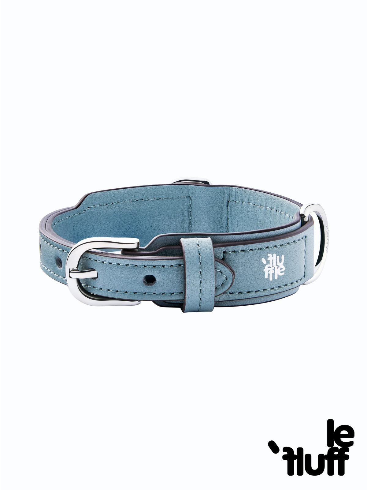 Dusty blue dog collar buckle and stitching on a white background
