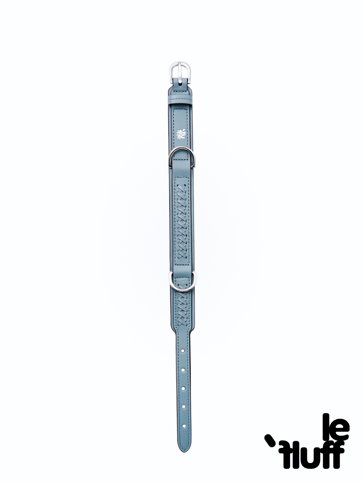 Dusty blue leather dog collar laid flat with adjustable holes