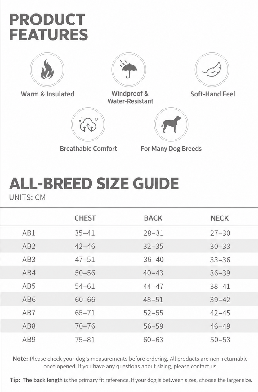 English features and all-breed size guide for the Easy-On Quick-Change Puffer Jacket