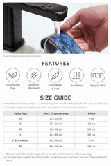 Easy-Wear martingale collar features and size guide, with neck measurements from XS to XL