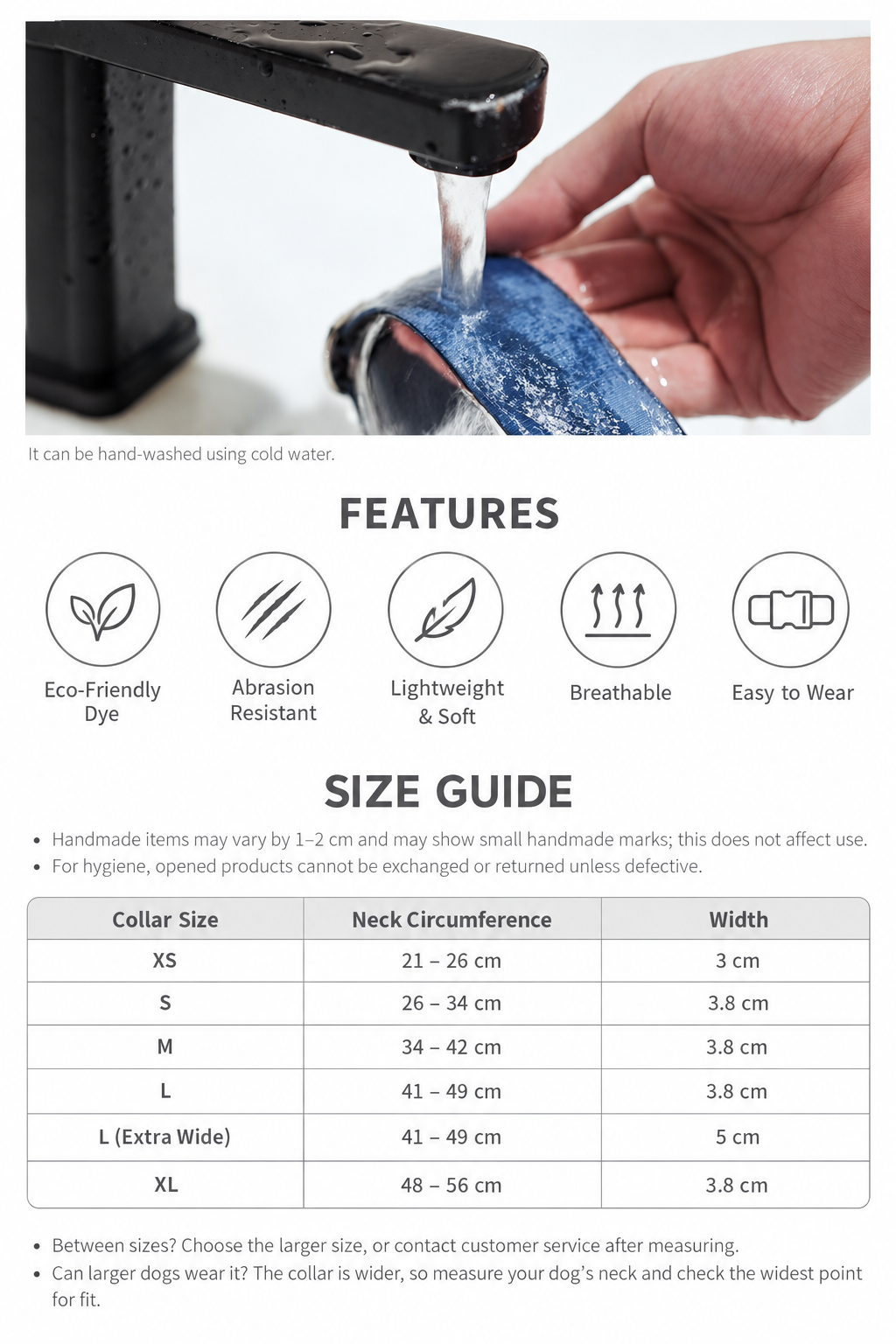 Easy-Wear martingale collar features and size guide, with neck measurements from XS to XL