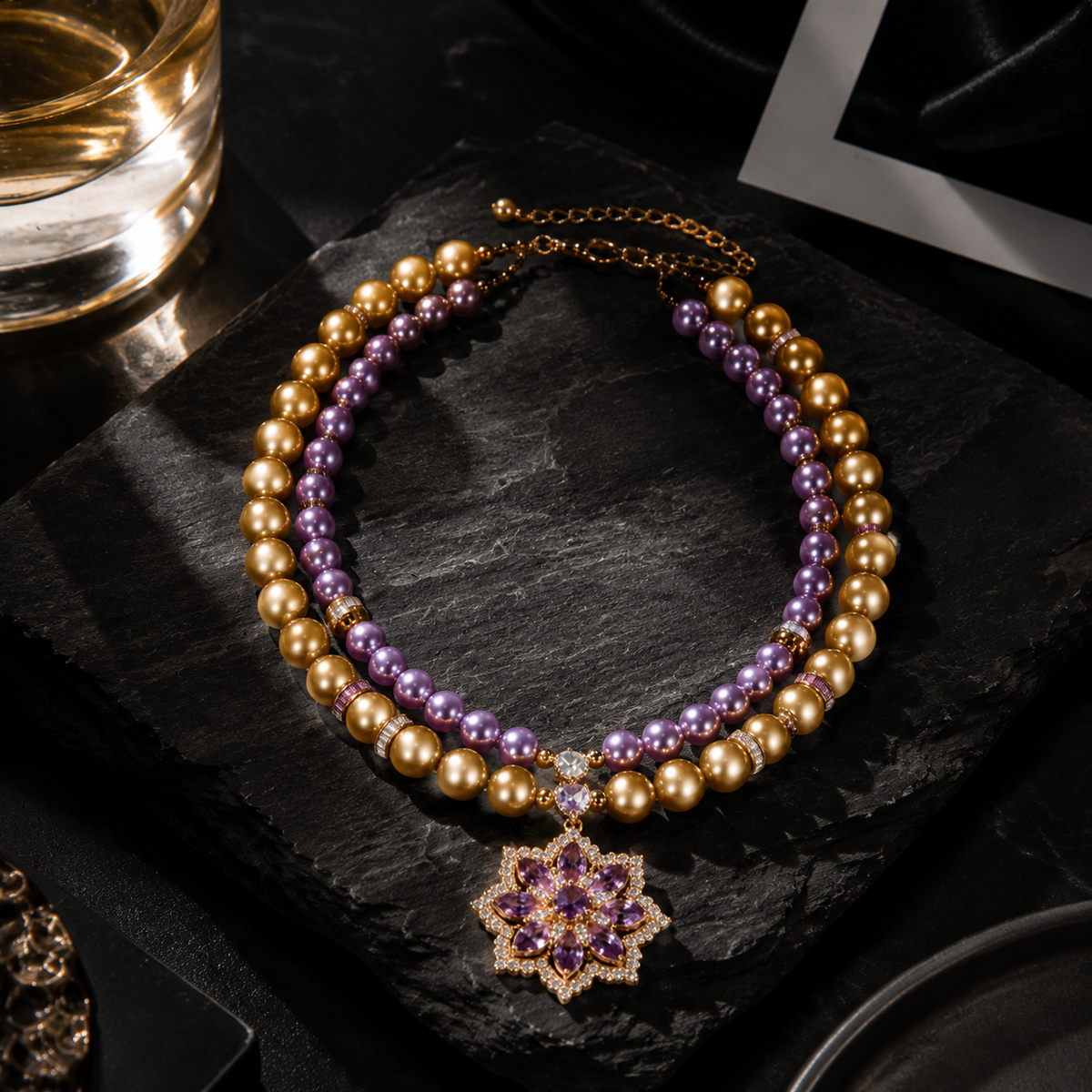 Elegant double-layer dog necklace with lavender beads, gold-tone hardware and flower pendant