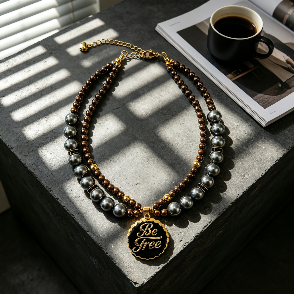 Elegant gray dog necklace with double-layer beads, adjustable chain and gold-tone pendant