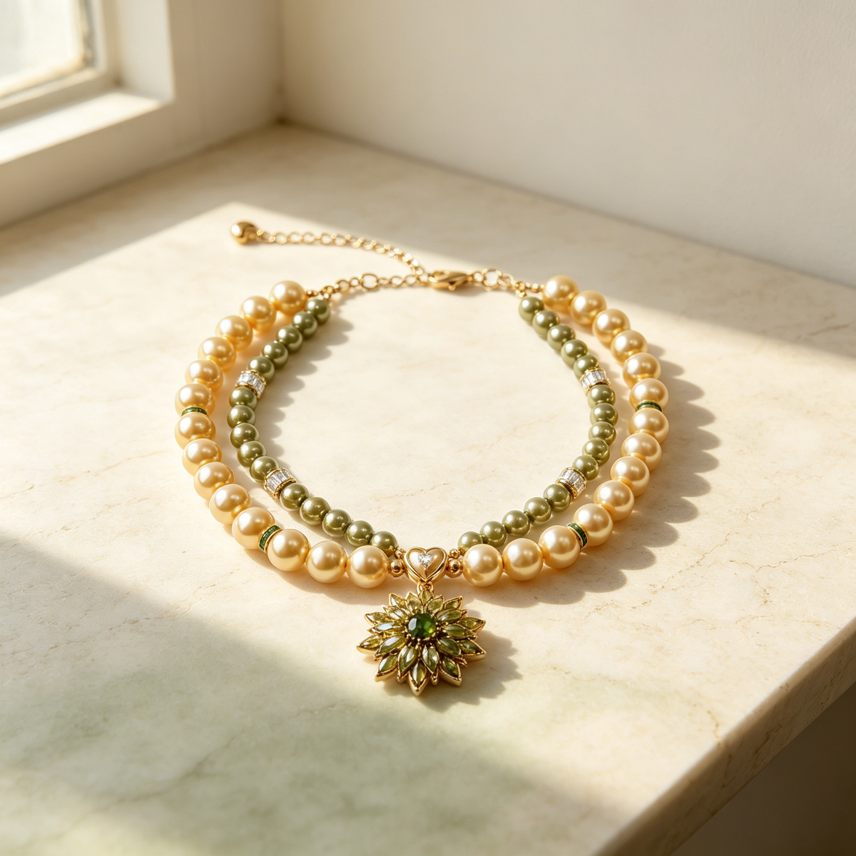 Elegant green and gold dog necklace with double-layer beads, adjustable chain and flower pendant