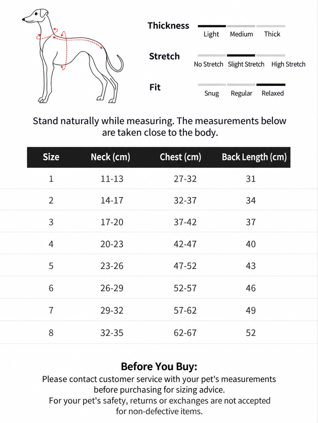 Size and fit guide for Shell Story dog sweatshirt